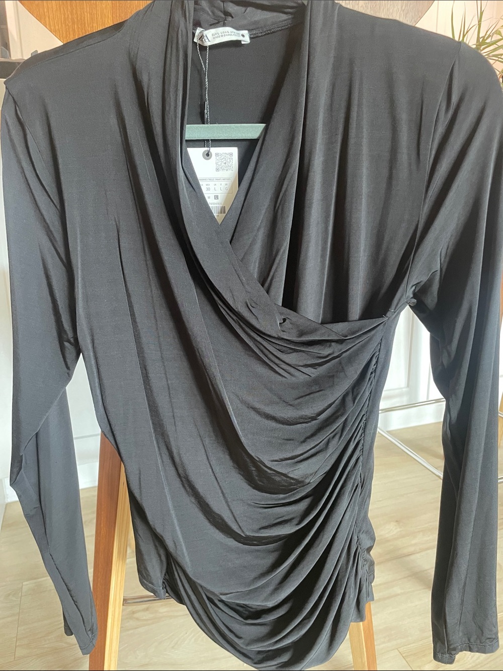 Zara Black Draped Long-Sleeve Wrap Top